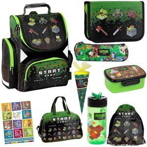 Ranzen Minecraft Game Pixel ergonomischer Schulranzen Federmappe Zuckertüte Turnbeutel Sporttasche Brotdose Trinkflasche Aufgabenheft für die Grundschule 9er Set