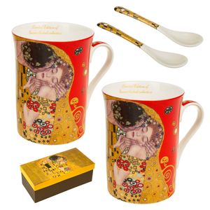 2x Kaffeebecher Set 250ml Queen Isabell mit Löffel für Zwei Peronen Der Kuss von Gustav Klimt Rot Geschenkidee Porzellan 2-er Pack