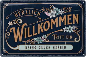 Retro Blechschild HERZLICH WILLKOMMEN SCHILD - willkommen Deko Garten, Schild für Haustür und Eingangstür mit Spruch - Willkommensschild