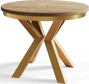 Okrúhly jedálenský stôl LOFT, rozkladací priemer stola: 100 cm/180 cm, farba obývačkového stola: hnedá, s kovovými nohami v zlatej farbe