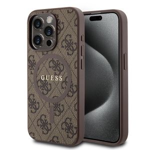 Guess PU Leather 4G Colorot Ring MagSafe Case für iPhone 15 Pro Max braun