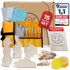 Eli®Schnitzmesser Kinder Set ab 6 Jahre, hochwertiges 15-teiliges Kindermesser Schnitzset inkl. schnittfeste Handschuhe, Kinderschnitzmesser, Messer