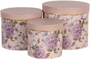 Clayre & Eef Hutschachtel 3er Set Ø 20x17 / Ø 17x15 / Ø 14x13 cm Rosa Karton Rund Blumen