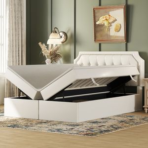 Flieks čalúnená posteľ 140x200 cm s úložným priestorom, posteľ s pružinovým boxom a roštovým rámom, úložná posteľ manželská funkčná posteľ, PU, biela