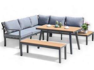 ALEOS. Gartenlounge Lounge Set aus Aluminium und echt Teakholz inklusive Bank Loungeecke Loungegarnitur Sitzgruppe Sofagarnitur Esstischlounge Brasilia grau anthrazit mit bequemen Kissen