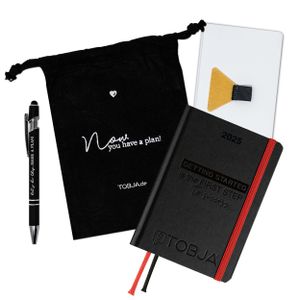 Taschenkalender 2025 A6 schwarz + Zubehör Set - Terminplaner mit Froschtasche, Stift, Pen-Loop und Beutel | Hardcover Kalender 2025 A6