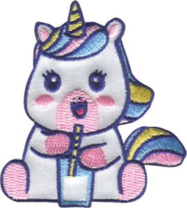 Einhorn mit Trinkbecher - Aufnäher, Bügelbild, Aufbügler, Applikationen, Patches, Flicken, Zum Aufbügeln, Größe: 5,3 x 8,5 cm