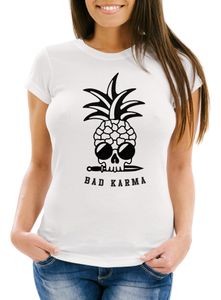 Damen T-Shirt Totenkopf Ananas Bad Karma Pineapple Skull Slim Fit Neverless® weiß S