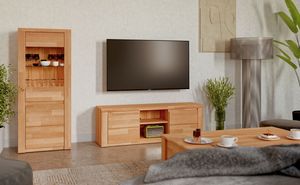 Set Lowboard, Vitrinenschränke und Couchtisch Bergen aus Kernbuche teilmassiv geölt, grifflose Optik Set Lowboard, Vitrinenschränke und Couchtisch Bergen aus Kernbuche teilmassiv geölt, grifflose Optik