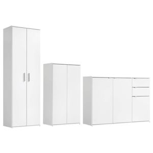 mokebo® Mehrzweckschrank Set 3-teilig 'Die Allzweckwaffe', Schrank-Set mit Mehrzweckschrank & Kommode in Weiß, auch als moderne Wohnwand, Büromöbel oder Aufbewahrungsset
