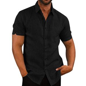 Herren Kurzarm Hemden Baumwolle Leinen Lose Shirt Tunika Bluse mit Tasche Freizeithemden Schwarz,Größe L