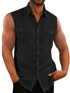 Männer Ärmellose Bluse Reguläre Fit Tank Tops Hawaiian Mit Taschen Weste Hemd Täglich Schwarz,Größe 2Xl