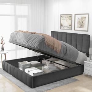 Merax Hydraulická postel Boxspring 140x200 cm Čalouněná postel se zásuvkou a lamelovým roštem, lněná manželská postel, šedá