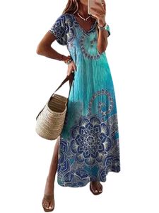 Women Floral Print Sundress Beach V Neck Dress Flowy Short Sleeve DressesFarbe:Lake Blue Größe:XL
