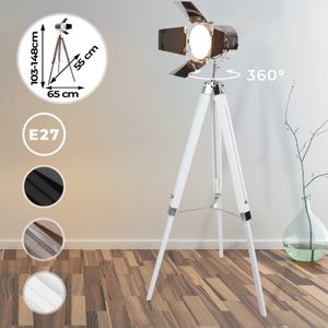 Jago® Stehlampe mit Stativ aus Holz/Verchromter Stahl, LED, Höhenverstellbar max. 148cm, Industrial, Farbwahl -Stehleuchte (Weiß Matt)