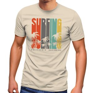Herren T-Shirt Surfing Surfer Style Schriftzug California Dreams Palmen Print Sommer Fashion Streetstyle Neverless® natur M