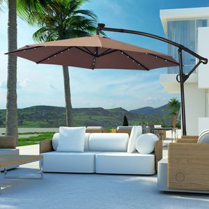 360° Drehbar Sonnenschirm 300 cm, Gartenschirm neigbar mit 32 Lichter & Kurbel, UV-Schutz & Ständer, Ampelschirm 8 Schirmrippen für Balkon (Braun)