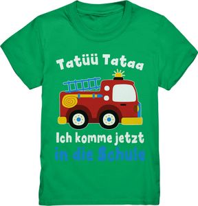 Feuerwehr Schulanfang Outfit Schulkind Geschenk Einschulung Feuerwehrauto T-Shirt – Kelly Green / 110/116 (5-6)