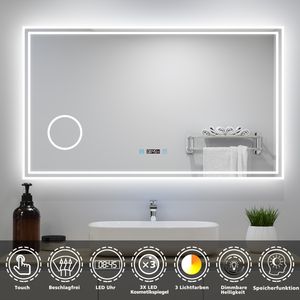AICA LED Badspiegel 160x80cm mit Beschlagfrei Uhr Badezimmerspiegel 3 Lichtfarbe 3x Vergrößernder Kosmetikspiegel Dimmbar Memory-Funktion IP44