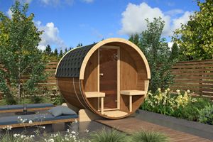 Finn Art  Fass-Sauna Alvi 5, ohne Saunaofen, Dachschindeln grün - Hexagonal