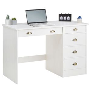 Schreibtisch LANA aus massiver Kiefer in weiß, geräumiger Computertisch mit 5 Schubladen, praktischer Bürotisch mit Muschelgriffen