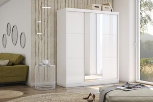 FURNIX Kleiderschrank WINONA 180 Schrank Schiebetüren Lacobel Spiegeltür Weiß