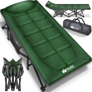 tillvex® Campingbett Grün 190 x 68 x 40 cm klappbar mit Tragetasche bis 200 kg | Campingliege extra breit | Feldbett Karpfenliege für Outdoor & Indoor | Klappbett Gästebett faltbar Garten Camping Angeln Festival Reise