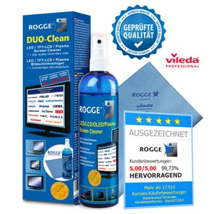 ROGGE DUO-Clean Original, 250ml Bildschirmreiniger inkl. 1x ROGGE & Vileda Microfasertuch. Für LCD-LED-TFT-OLED TV, Smartphone-Tablet usw.