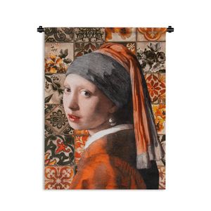 MuchoWow® Wandteppich Wandbehang Alte Meister - Mädchen mit Perlenohrring - Orange - Schwarz 60x80 cm Tapisserie Dekoration Wandtuch - Decke - Wandtücher - Wohne