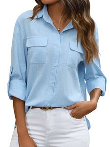 Damen Blusen Button Down Bluse Casual Tops Lose Hemden Elegant T-Shirt Oberteile Blau,Größe XL