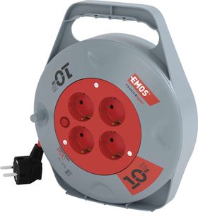 EMOS Mini-Kabeltrommel 10m, 4-fach Kabelbox, Kabelrolle, Leitungsroller für den Innenbereich, 4 Schuko Steckdosen, 2300W, Thermoschalter, P19510