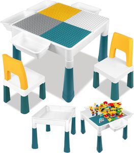 YARDIN Kindertisch mit Stühle 6-in-1 Kinder Tisch Stuhl Set Multifunktion Bausteine Spieltisch mit Stauraum Doppelseitiger Tischplatte Höhenverstellbarer Geeignet für Lern-und Denkübungen von Kindern