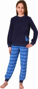 Kuscheliger Mädchen Frottee Schlafanzug langarm mit Bündchen und süssen Tiermotiv ; navy , 128