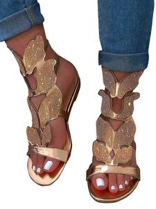 Damen Sandalen Schmetterling Flache Schuhe Strass Dekorieren Open Toe Summer Zurück Reißverschluss,Farbe:Gold,Größe:42