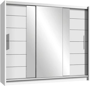 Lizbona Schiebeschrank 250 cm mit Spiegel, Kleiderschrank Schlafzimmer, Wohnzimmer- 250 x 215 x 61 Farbe: Weiß, Schwebetürenschrank mit 1 Kleiderstange, Ablagen und 2 Schubladen