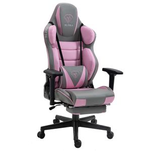 Gaming Stuhl mit Fußstütze und ergonomsichen 4D-Armlehnen gaming chair in ergonomischer Sportsitz Optik Gamer Stuhl mit verstellbaren Rückenstützkissen Bürostuhl, Farbe:Hellgrau / Rosa