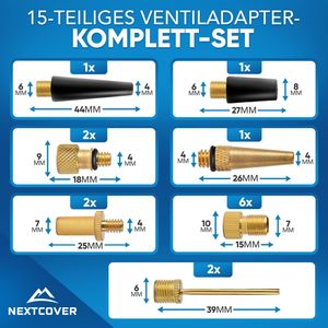 NEW NEXTCOVER profesjonalny zestaw adapterów zaworów rowerowych [15-częściowy] I Odpowiedni do wszystkich popularnych typów zaworów I Francuski adapter zaworu do pompki powietrza i kompresora I Solidny adapter zaworu rowerowego