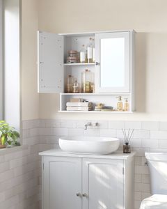 VASAGLE Spiegelschrank, Hängeschrank mit 2 Spiegeltüren und offenem Fach, verstellbare Ablage, Wandmontage, 15 x 65 x 75 cm, Weiß