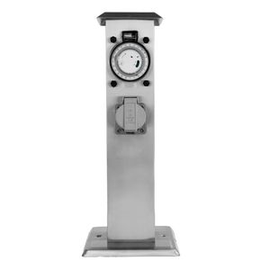 Grafner Gartensteckdose Edelstahl mit Zeitschaltuhr 2 Steckdosen, silber, klein und schmal, Energiesäule Timer Mehrfach Metall Außen Steckdose 2-Fach