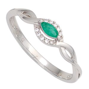 Ring Damenring mit Smaragd spitzoval grün 10 Brillanten 333 Gold Weißgold