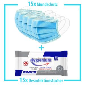 15x Mundschutz + 30x Desinfektionstücher | Hände Desinfektionsmittel + Atemschutzmaske
