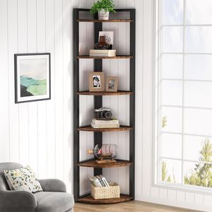 Tribesigns Eckregal, hohes Bücherregal Lagerregal Regal, Aufbewahrungsregal für Wohnzimmer, Balkon, Küche, Kleiner Raum vintagebraun-schwarz (6 Ebenen