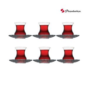 Pasabahce 95961-12-TLG Turecká súprava pohárov na čaj Aurora, 6 pohárov na čaj a 6 podšálok (krištáľový dizajn)