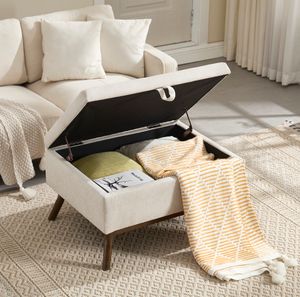 okwish Stolička 80×59×45 cm, Sedací lavice, Botníková lavice, Odkládací lavice, Sedací hoker s úložným prostorem, Masivní dřevěné nohy, použitelná jako Konferenční stůl, Stoupací stolička, Botníková lavice, Béžová