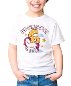 Kinder T-Shirt Mädchen Einhorn Alter Zahl Spruch Ich bin schon (3-8) Geschenk zum Geburtstag für Mädchen Moonworks® 6. Geburtstag weiß 122-128 (7-8 Jahre)