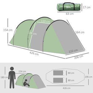 Outsunny Zelt für 3-4 Personen 190T Tunnelzelt Campingzelt mit Heringen Glasfaser Polyester Dunkelgrün 426 x 206 x 154 cm
