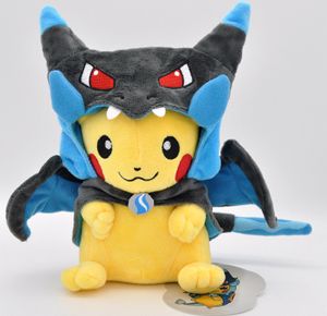 Pokemon Pikachu Plüschtier mit Mega Glurak Y Umhang Pikazard Kuscheltier Kleiner blauer Hut geschlossen Pikachu 23cm