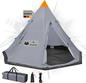 DELUKE® Campingzelt 4 Personen TIPI grau | regenfest, atmungsaktiv | Tipi Pyramidenzelt Familienzelt für 4 Personen Gruppenzelt Zelt Camping Zelt Outdoor Zelten