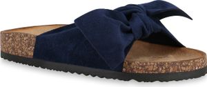 Mytrendshoe Damen Sandalen Pantoletten Hausschuhe Schleifen Schuhe 830663, Farbe: Dunkelblau, Größe: 37