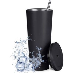 750ml / 25oz Edelstahl-Reisebecher mit Strohhalm und auslaufsicherem Deckel, umweltfreundliche Wiederverwendbare Flasche Kaffeetasse(Schwarz)